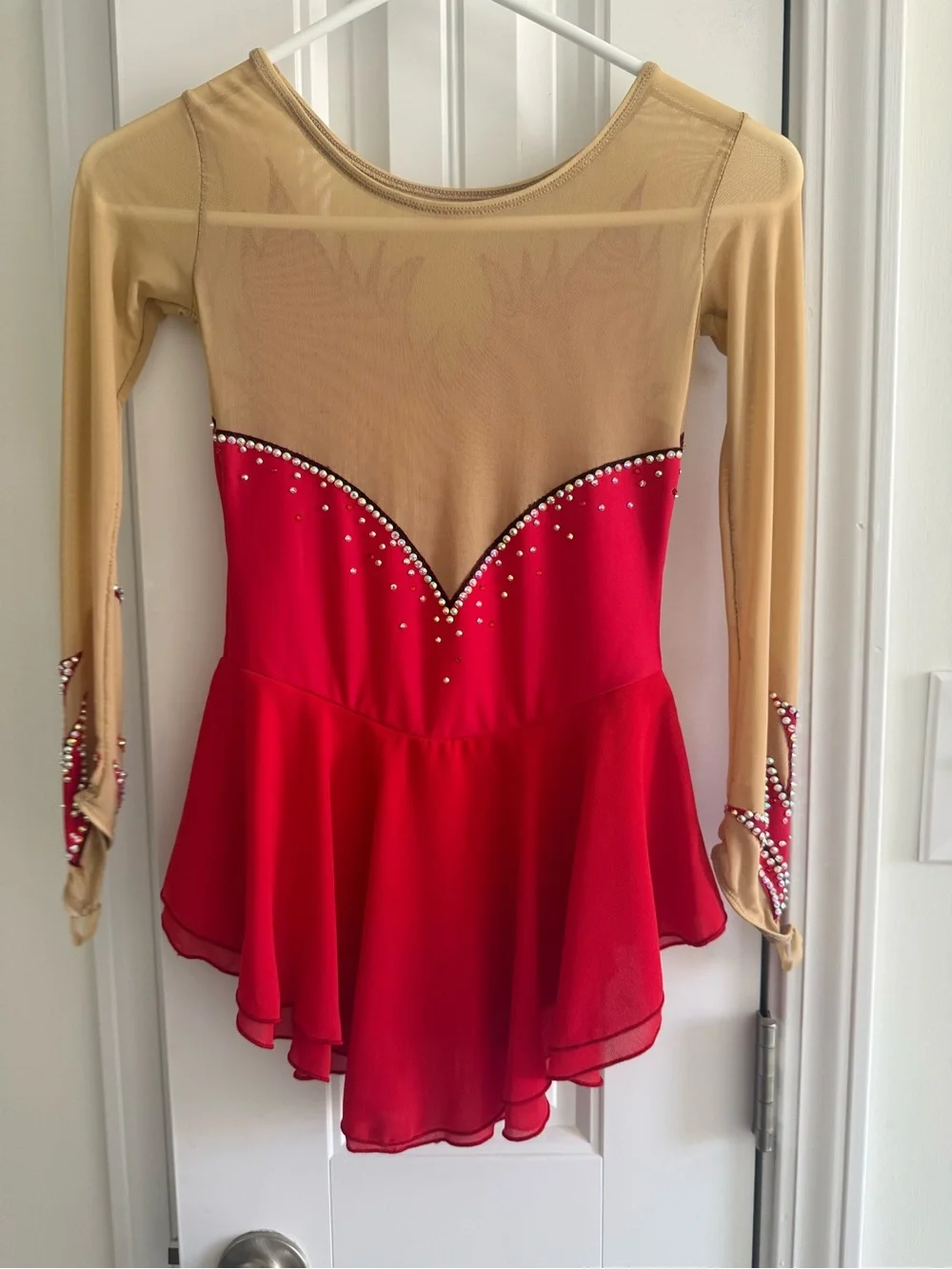 Girls Red & Nude Figure Skating Dress with Crystal Accents